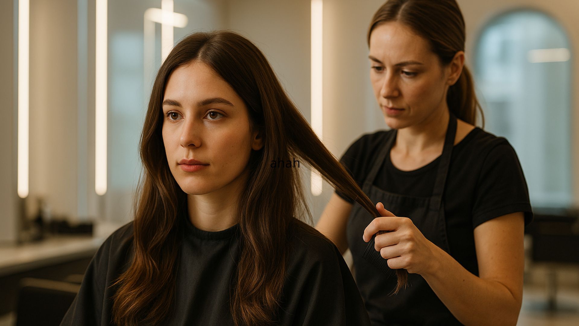 Modella con capelli castano naturale in un salone moderno, illuminato da luce calda, mentre uno stylist professionista lavora sul suo look.