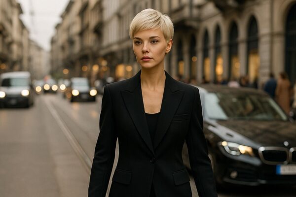 Modella con taglio pixie biondo platino cammina tra le vie eleganti di Milano, indossando un completo nero sartoriale mentre il traffico scorre sullo sfondo.