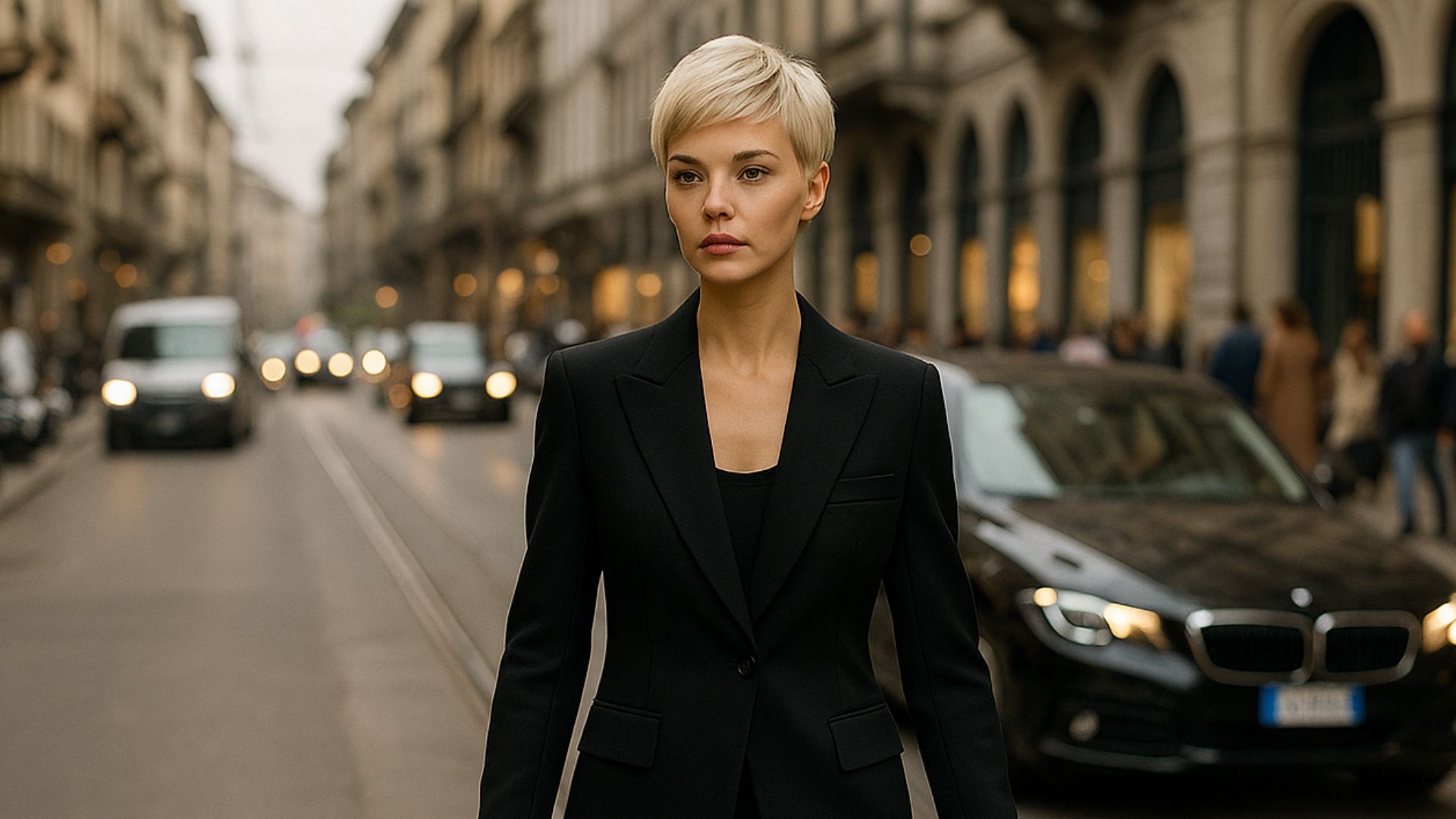 Modella con taglio pixie biondo platino cammina tra le vie eleganti di Milano, indossando un completo nero sartoriale mentre il traffico scorre sullo sfondo.