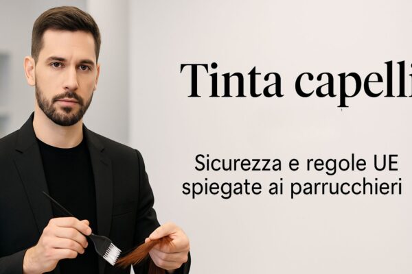 Parrucchiere uomo in abiti neri tiene una ciocca e un pennello da colorazione, con il titolo “Tinta capelli – Sicurezza e regole UE spiegate ai parrucchieri” su sfondo chiaro.