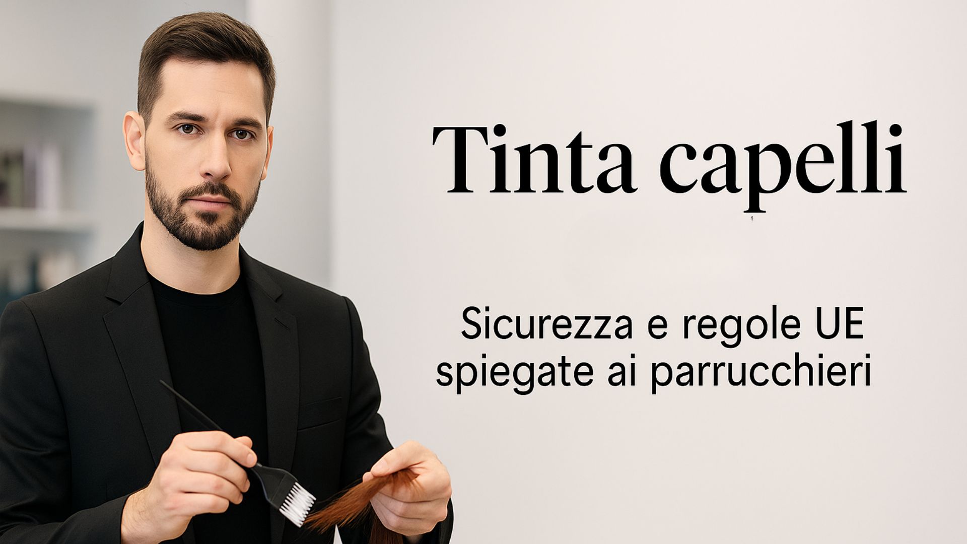 Parrucchiere uomo in abiti neri tiene una ciocca e un pennello da colorazione, con il titolo “Tinta capelli – Sicurezza e regole UE spiegate ai parrucchieri” su sfondo chiaro.