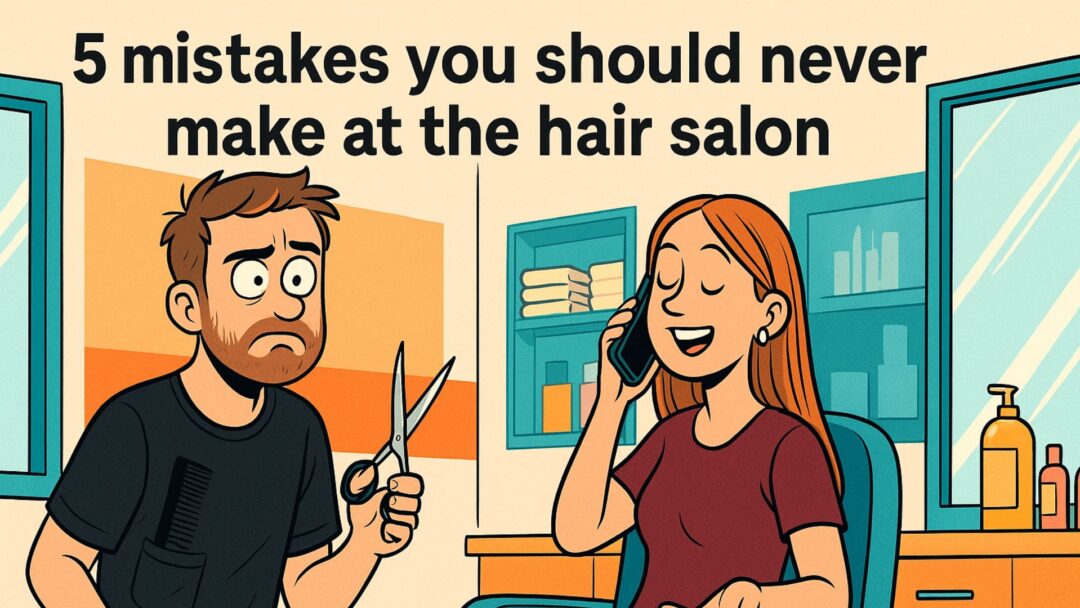 comic-style illustration of a frustrated hairstylist and a distracted client talking on the phone in a modern salon