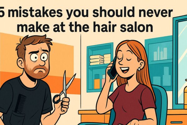 comic-style illustration of a frustrated hairstylist and a distracted client talking on the phone in a modern salon