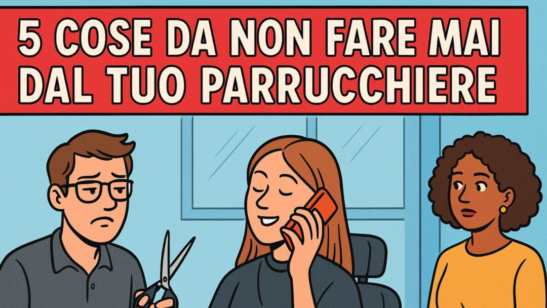 illustrazione a fumetti ironica con parrucchiere esasperato e cliente distratta al telefono in salone moderno
