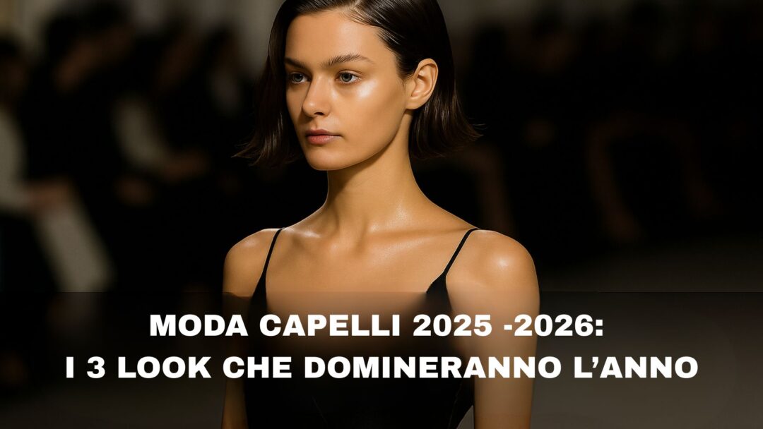 Modella in passerella con taglio Fluid Bob e finish lucido, ispirazione moda capelli 2025–2026, illuminata da luci da sfilata.