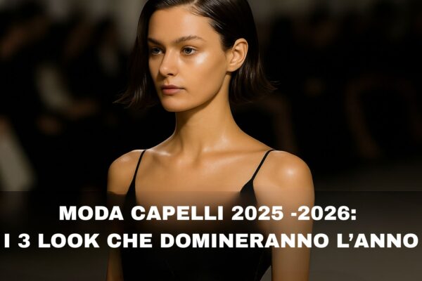 Modella in passerella con taglio Fluid Bob e finish lucido, ispirazione moda capelli 2025–2026, illuminata da luci da sfilata.