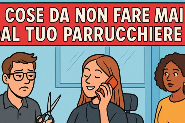illustrazione a fumetti ironica con parrucchiere esasperato e cliente distratta al telefono in salone moderno