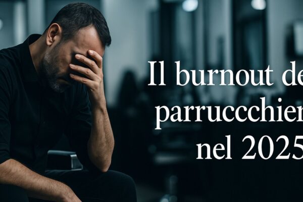 Parrucchiere seduto con la testa bassa, in un salone sfocato, mentre mostra segni di stanchezza. Testo sovrapposto: “Il burnout dei parrucchieri nel 2025”.
