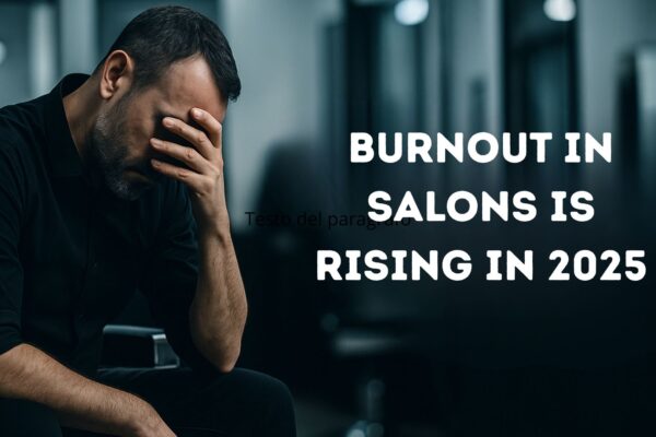 Hairstylist sitting on a barber chair with head down and hand on his face, in a blurred salon environment, representing hairstylist burnout in 2025.