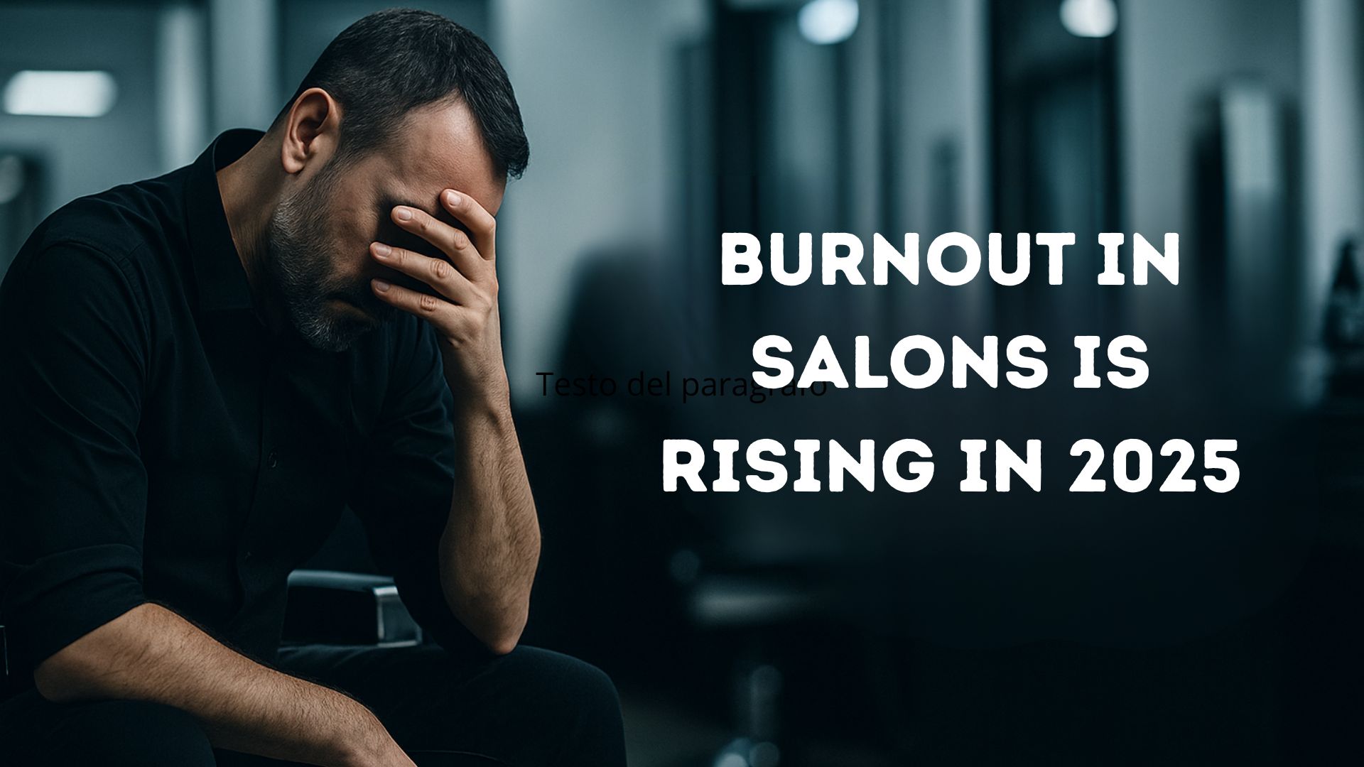 Hairstylist sitting on a barber chair with head down and hand on his face, in a blurred salon environment, representing hairstylist burnout in 2025.