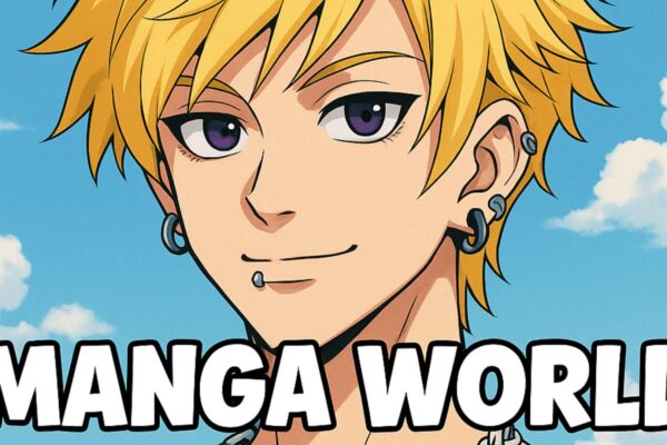 Illustrazione in stile manga di un ragazzo biondo con taglio shag, catena al collo e look ispirato all’estetica anime, con scritta “MANGA WORLD” centrata nella parte alta dell’immagine.