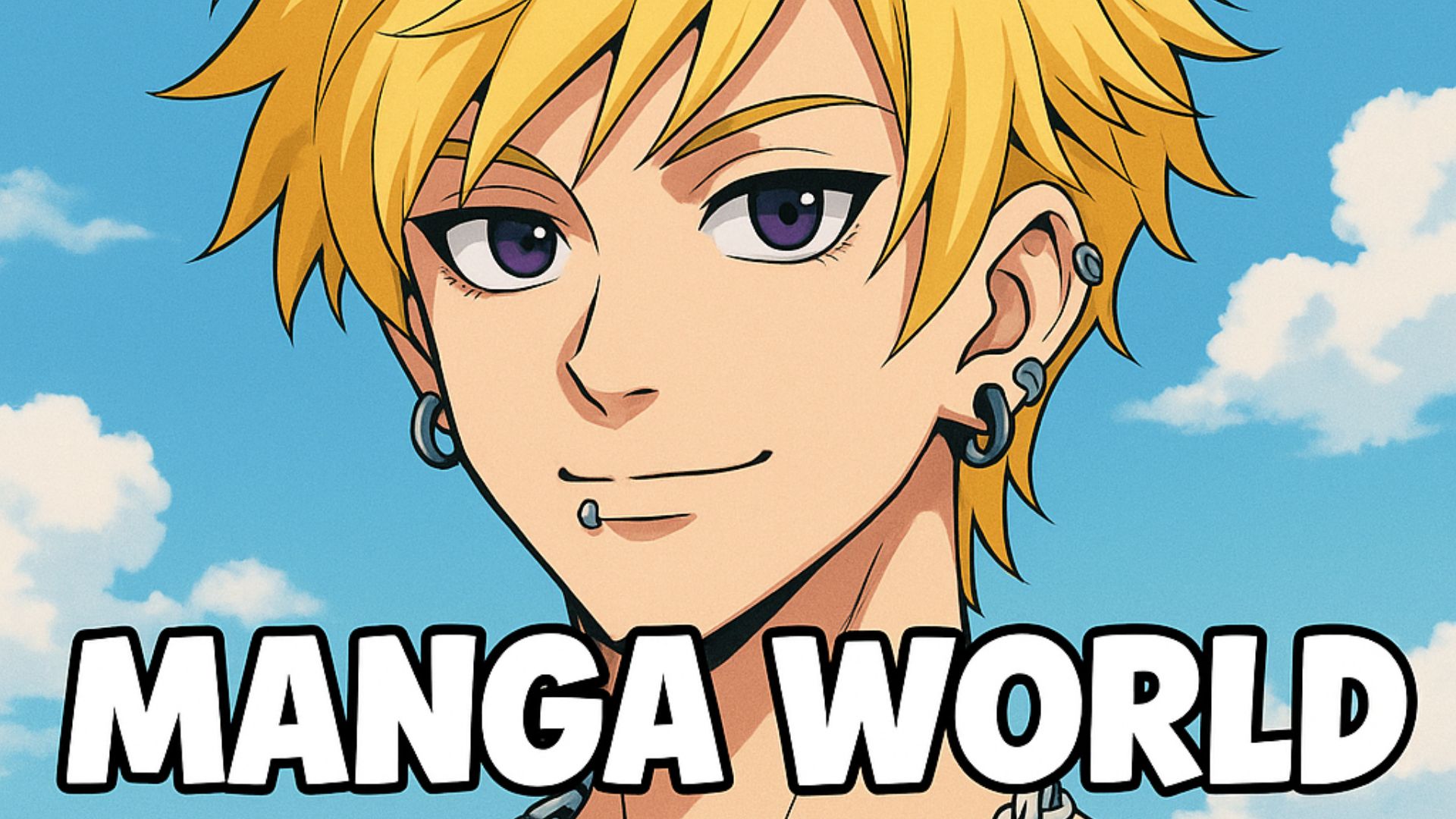 Illustrazione in stile manga di un ragazzo biondo con taglio shag, catena al collo e look ispirato all’estetica anime, con scritta “MANGA WORLD” centrata nella parte alta dell’immagine.
