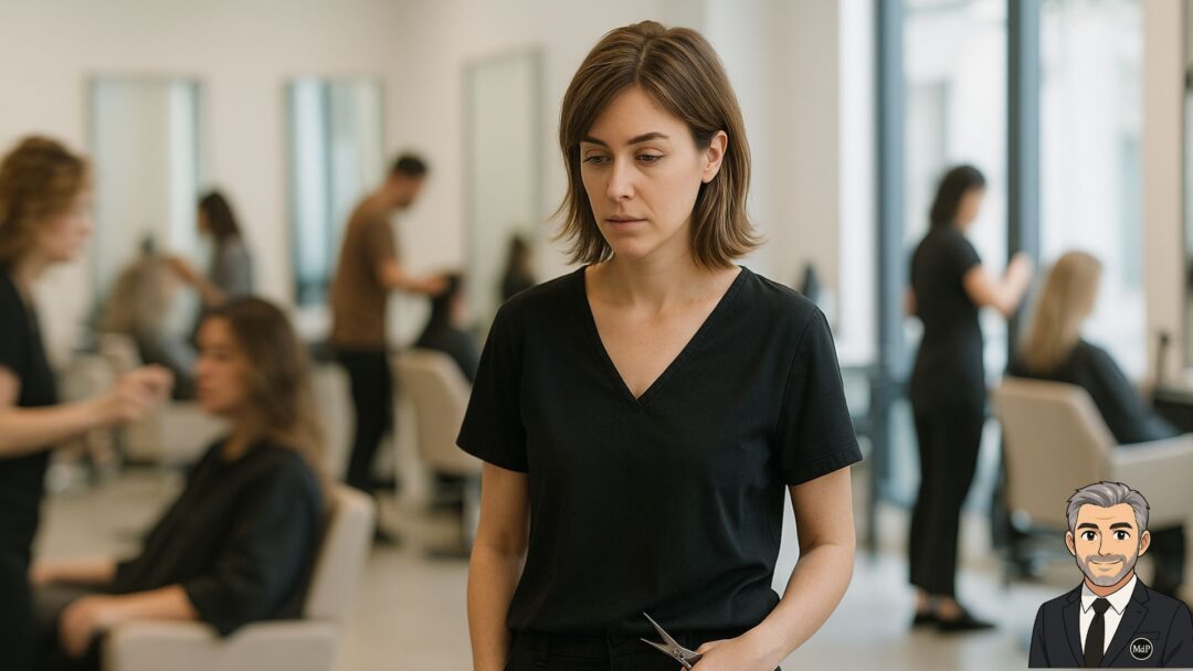 Parrucchiera in piedi al centro del salone, con lo sguardo stanco e le forbici in mano, mentre intorno i colleghi lavorano sui clienti.