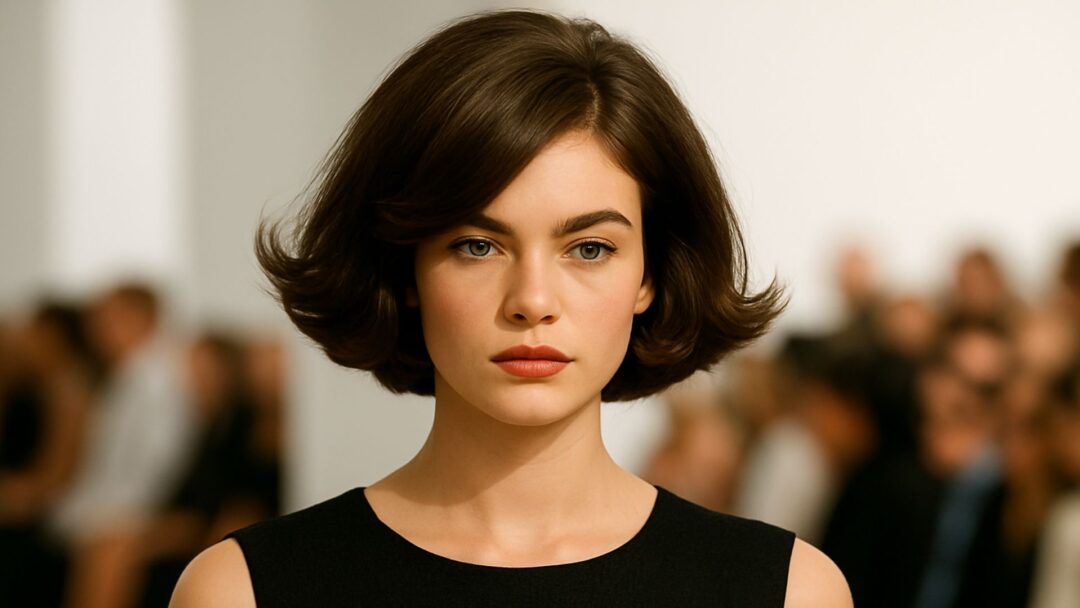 Modella in passerella con bob gonfio all’italiana, castano lucido, riga laterale e punte che si aprono verso l’esterno.