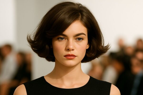 Modella in passerella con bob gonfio all’italiana, castano lucido, riga laterale e punte che si aprono verso l’esterno.