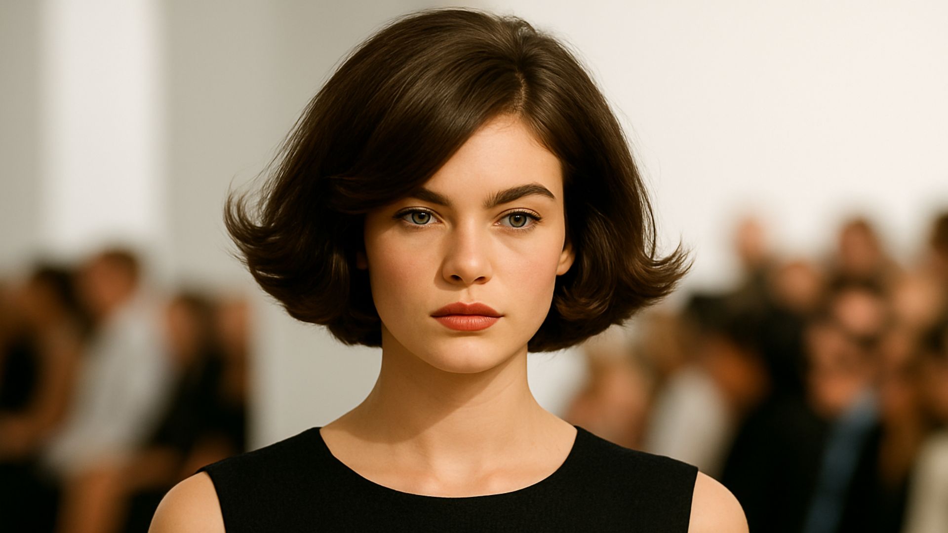 Modella in passerella con bob gonfio all’italiana, castano lucido, riga laterale e punte che si aprono verso l’esterno.