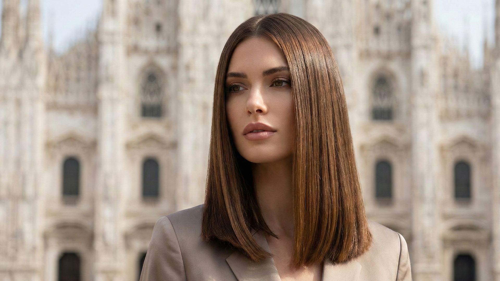 Donna con Long Italian Bob brunette caldo, liscio e glossy, in posa fashion davanti al Duomo di Milano. Capelli luminosi, taglio medio elegante e preciso, stile moderno.