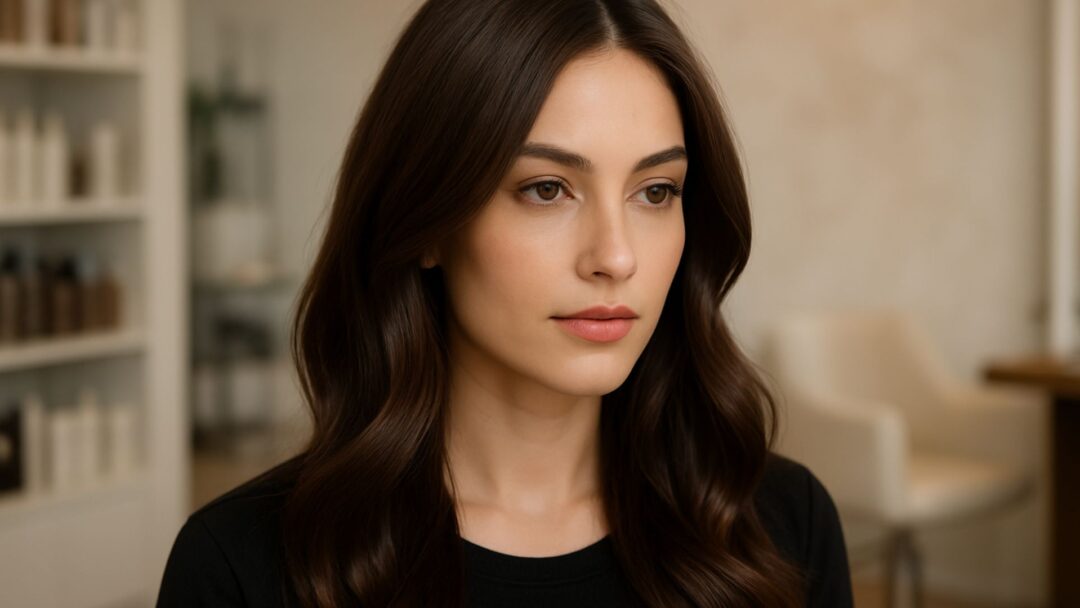 Model with soft Espresso Soft brown hair, styled in loose waves with silky highlights, photographed in a bright, modern salon environment.