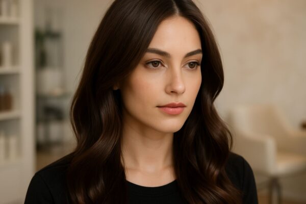 Model with soft Espresso Soft brown hair, styled in loose waves with silky highlights, photographed in a bright, modern salon environment.