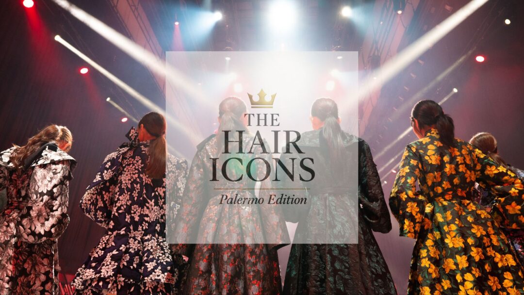Hairstylist e modelle sul palco illuminato durante The Hair Icons Palermo Edition 2025, show di moda e acconciature alle Officine Sandron.