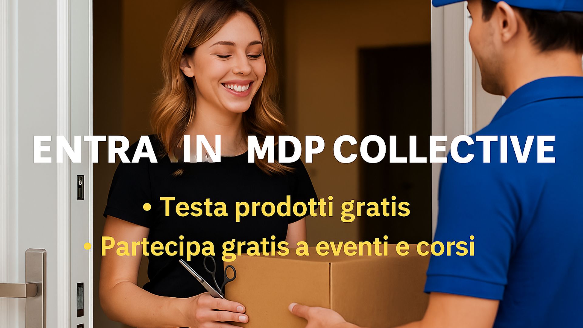 Parrucchiera che riceve dal corriere un box regalo con prodotti professionali per capelli, simbolo delle collaborazioni gratuite offerte da MdP Collective 2026.