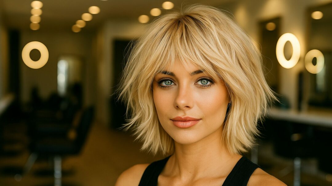 Modella bionda con capelli lunghi effetto Airtouch, ritratta in un salone di parrucchiere moderno ed elegante, illuminato da luce naturale professionale.