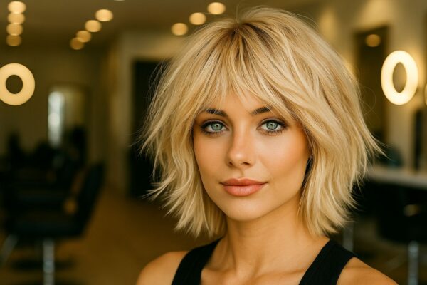 Modella bionda con capelli lunghi effetto Airtouch, ritratta in un salone di parrucchiere moderno ed elegante, illuminato da luce naturale professionale.