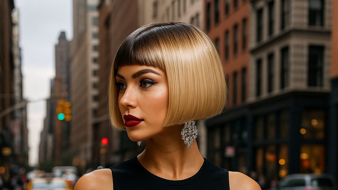 Modella con taglio Mini Glossy Bob corto e lucente, trucco deciso e orecchini eleganti, fotografata nelle strade di New York.