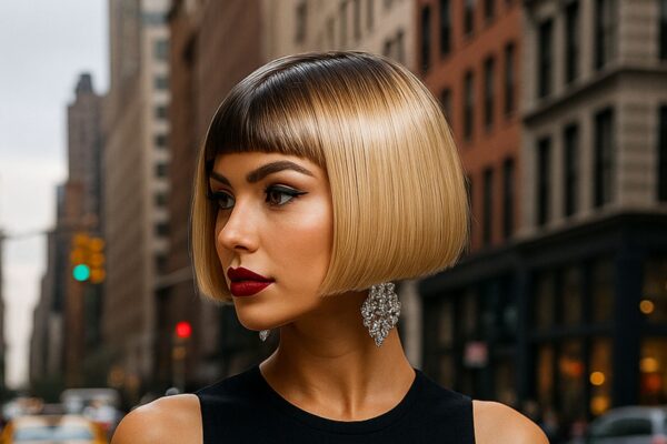 Modella con taglio Mini Glossy Bob corto e lucente, trucco deciso e orecchini eleganti, fotografata nelle strade di New York.