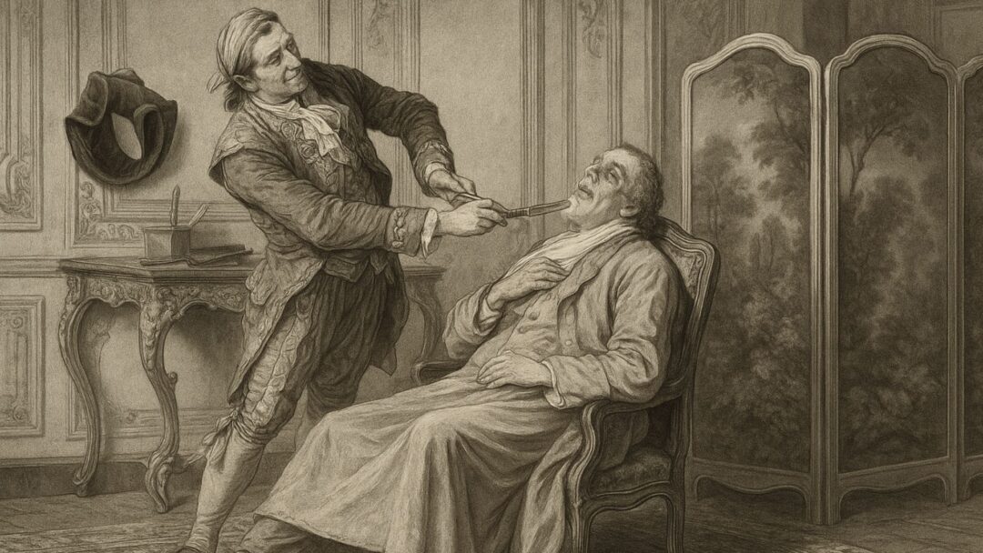 Incisione storica di un barbiere del Settecento che rade un cliente in un salone antico.