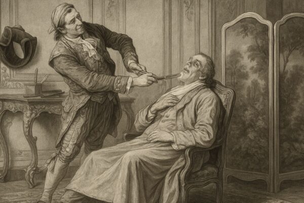 Incisione storica di un barbiere del Settecento che rade un cliente in un salone antico.