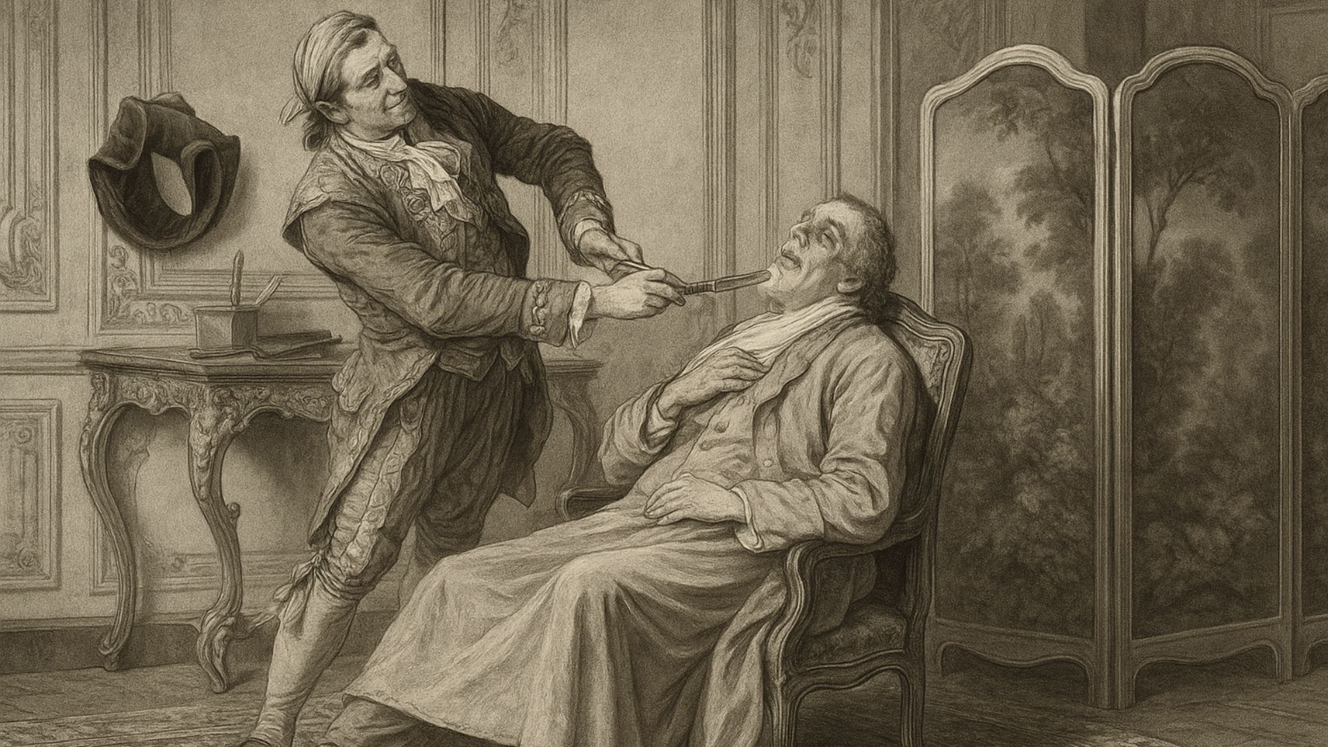 Incisione storica di un barbiere del Settecento che rade un cliente in un salone antico.