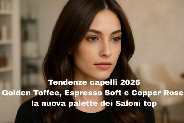 Modella in salone con capelli castano scuro Espresso Soft, illuminati da riflessi caldi e setosi, simbolo delle tendenze capelli 2026.