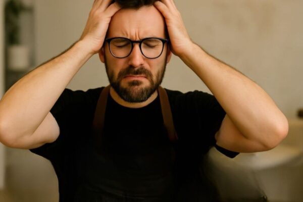 Frustrated male hairdresser holding his head with both hands in a salon.