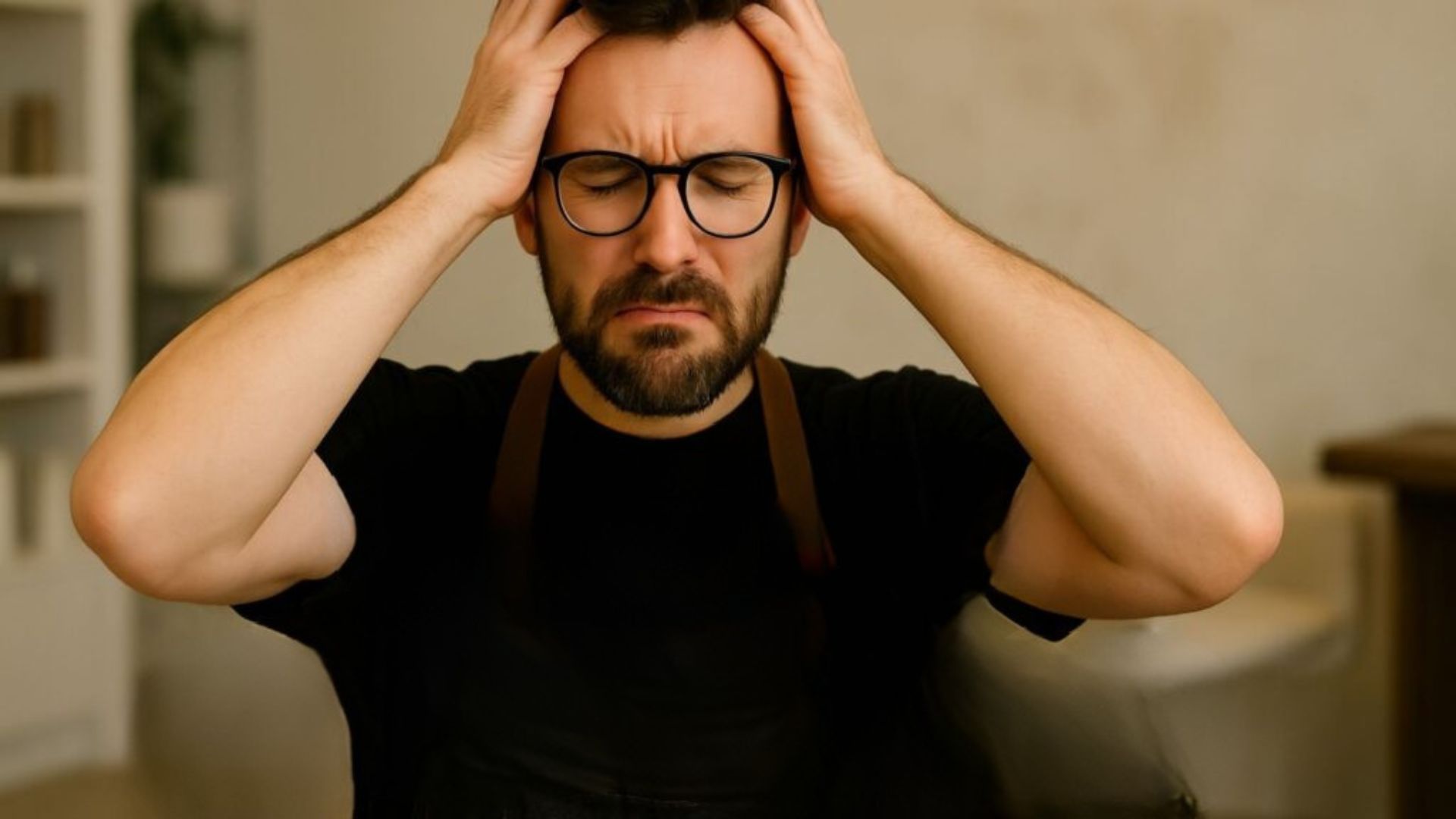Frustrated male hairdresser holding his head with both hands in a salon.