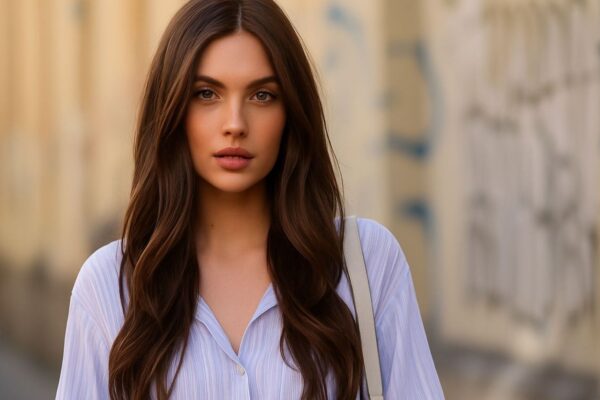 Modella con capelli Cappuccio Brunette, lunga piega naturale, ripresa in strada con sfondo sfocato.