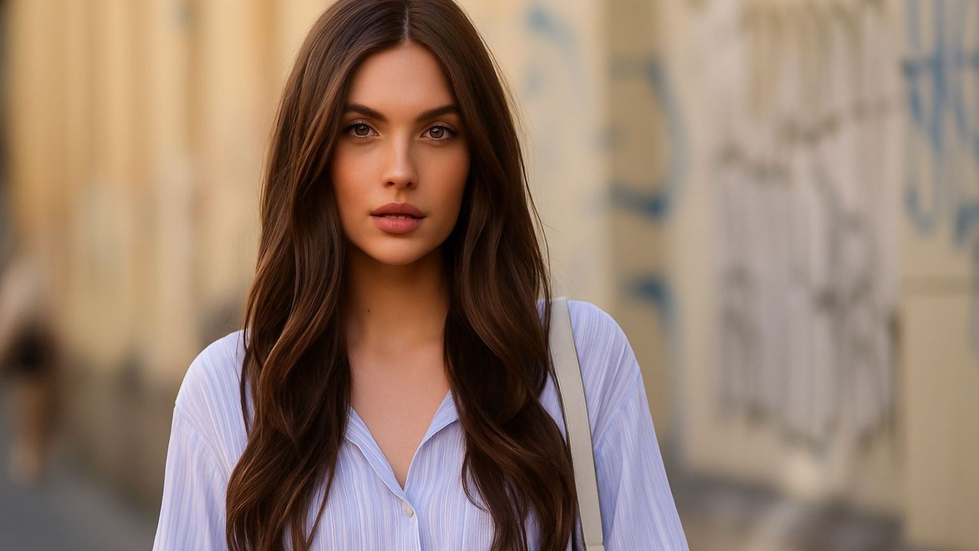 Modella con capelli Cappuccio Brunette, lunga piega naturale, ripresa in strada con sfondo sfocato.
