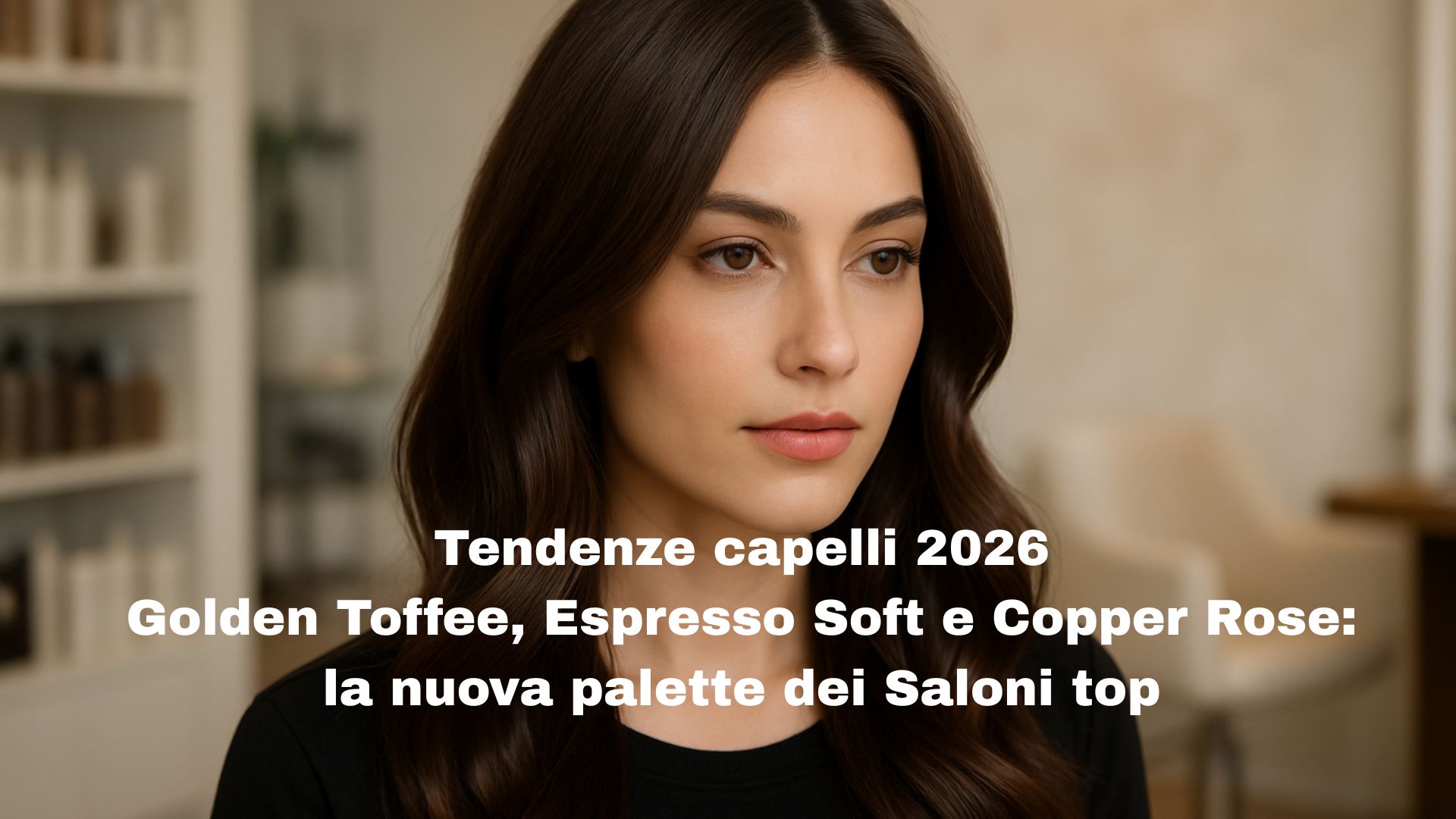 Modella in salone con capelli castano scuro Espresso Soft, illuminati da riflessi caldi e setosi, simbolo delle tendenze capelli 2026.