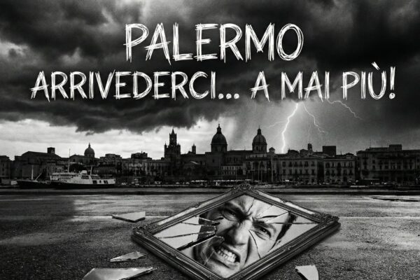 Skyline di Palermo tempestoso in bianco e nero con in primo piano uno specchio antico rotto che riflette un volto frantumato, simbolo di tradimento e addio.