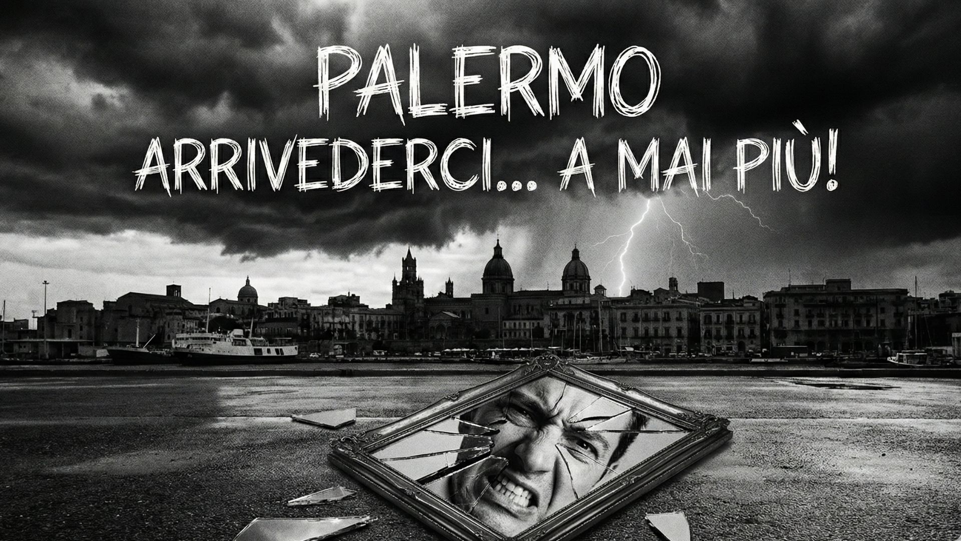 Skyline di Palermo tempestoso in bianco e nero con in primo piano uno specchio antico rotto che riflette un volto frantumato, simbolo di tradimento e addio.