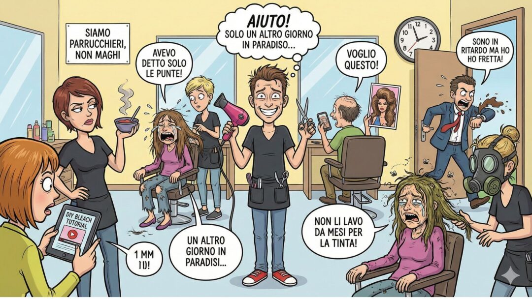 Illustrazione verticale umoristica in stile fumetto di un salone di parrucchiere nel caos. Al centro, un parrucchiere stressato è circondato da clienti che urlano richieste assurde, mostrano foto irrealistiche, arrivano in ritardo e piangono per un taglio, riassumendo le difficoltà quotidiane della professione.