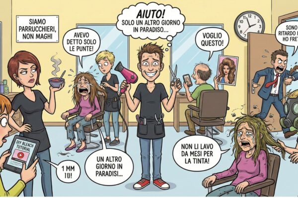 Illustrazione verticale umoristica in stile fumetto di un salone di parrucchiere nel caos. Al centro, un parrucchiere stressato è circondato da clienti che urlano richieste assurde, mostrano foto irrealistiche, arrivano in ritardo e piangono per un taglio, riassumendo le difficoltà quotidiane della professione.