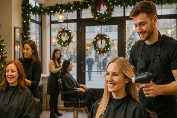 Salone di parrucchieri decorato per Natale con professionisti al lavoro e clienti sorridenti, illuminazione calda e atmosfera festiva.