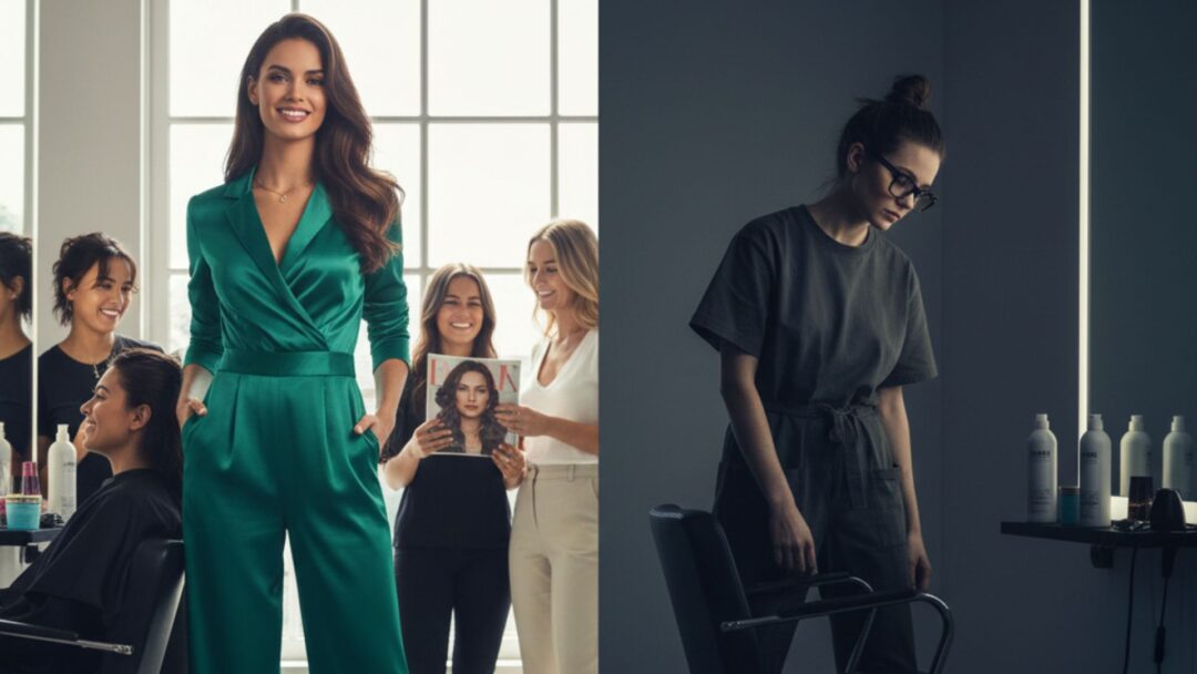 Paragone visivo tra due parrucchiere: una professionista attraente e sicura di sé circondata da clienti e attenzioni, e un’altra isolata in un angolo del salone, con atmosfera cupa e nessun cliente, per rappresentare come la bellezza possa influenzare percezione e opportunità nel lavoro.