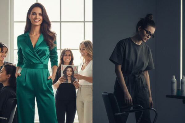 Paragone visivo tra due parrucchiere: una professionista attraente e sicura di sé circondata da clienti e attenzioni, e un’altra isolata in un angolo del salone, con atmosfera cupa e nessun cliente, per rappresentare come la bellezza possa influenzare percezione e opportunità nel lavoro.