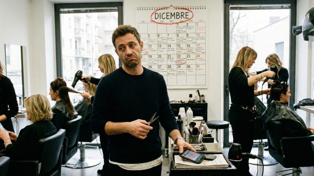 Un parrucchiere uomo con espressione stanca e ironica tiene in mano forbici e guarda uno smartphone che vibra in un salone affollato. Sullo sfondo, un grande calendario murale con la scritta "DICEMBRE" cerchiata in rosso è completamente riempito di appuntamenti scritti a mano.