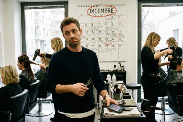 Un parrucchiere uomo con espressione stanca e ironica tiene in mano forbici e guarda uno smartphone che vibra in un salone affollato. Sullo sfondo, un grande calendario murale con la scritta "DICEMBRE" cerchiata in rosso è completamente riempito di appuntamenti scritti a mano.