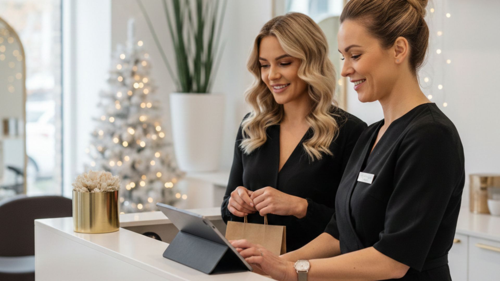 Parrucchiera alla reception che fissa un appuntamento su tablet con una cliente sorridente in salone addobbato per Natale.