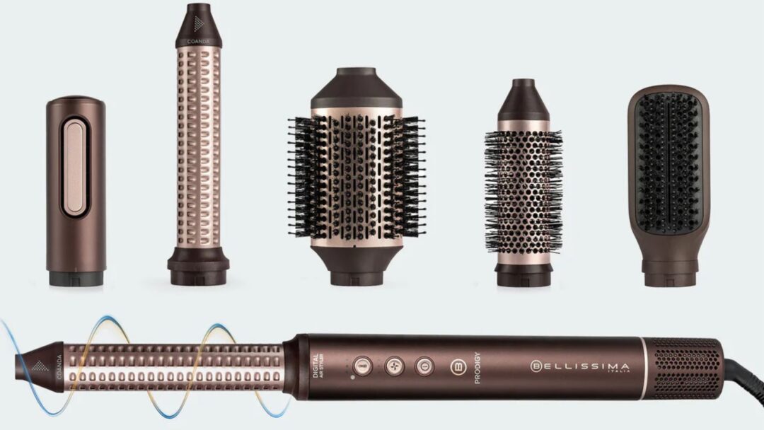 Kit multystyler Imetec Bellissima Prodigy Aurora con corpo motore e accessori Coanda, spazzole e concentratore su sfondo grigio chiaro.