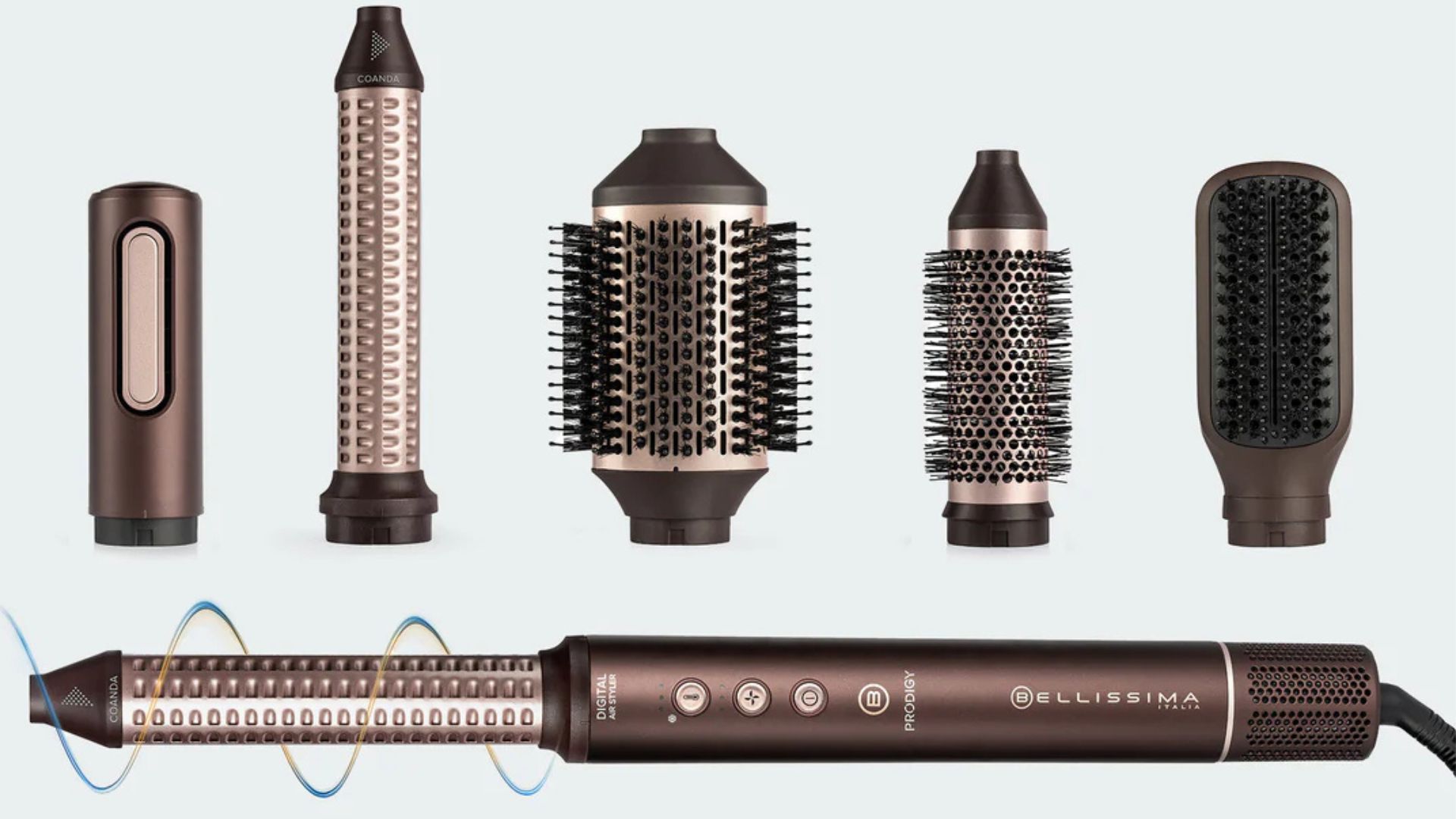 Kit multystyler Imetec Bellissima Prodigy Aurora con corpo motore e accessori Coanda, spazzole e concentratore su sfondo grigio chiaro.